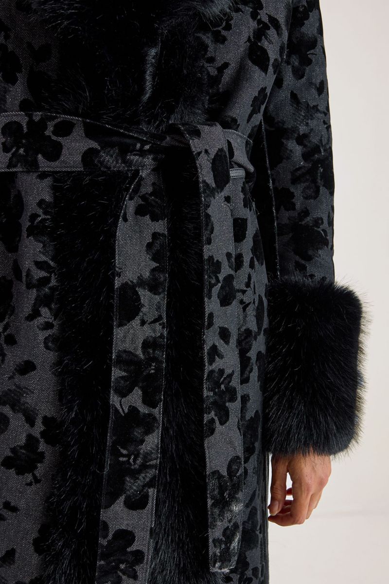 Women's Faux Fur Floral Jacquard Coat