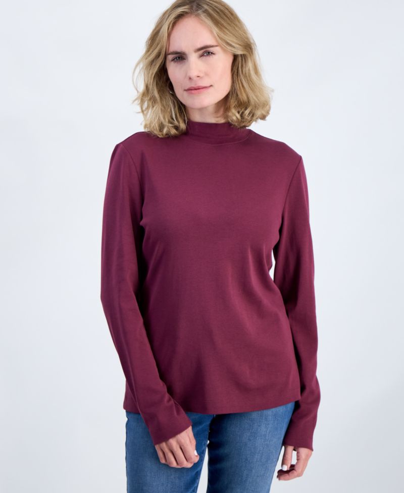 Petite Mock-Neck Cotton Long-Sleeve T-Shirt