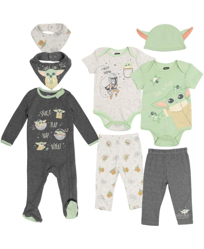 Baby Boys Star Wars Yoda Bodysuits Sleep N' Play Pants Hat and Bibs 8 Piece Outfit Set