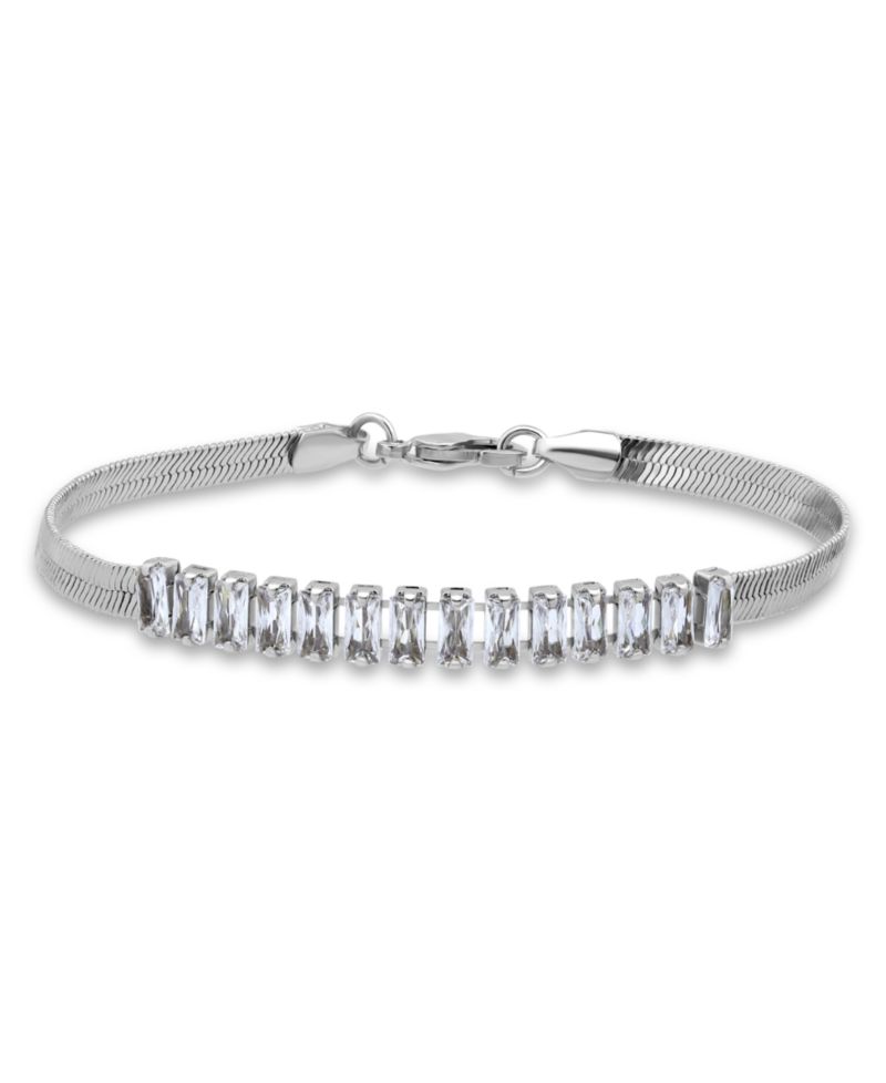Herringbone 5 ct. t.w Blue Cubic Zirconia Baguette Stones on Herringbone Chain Tennis Bracelet