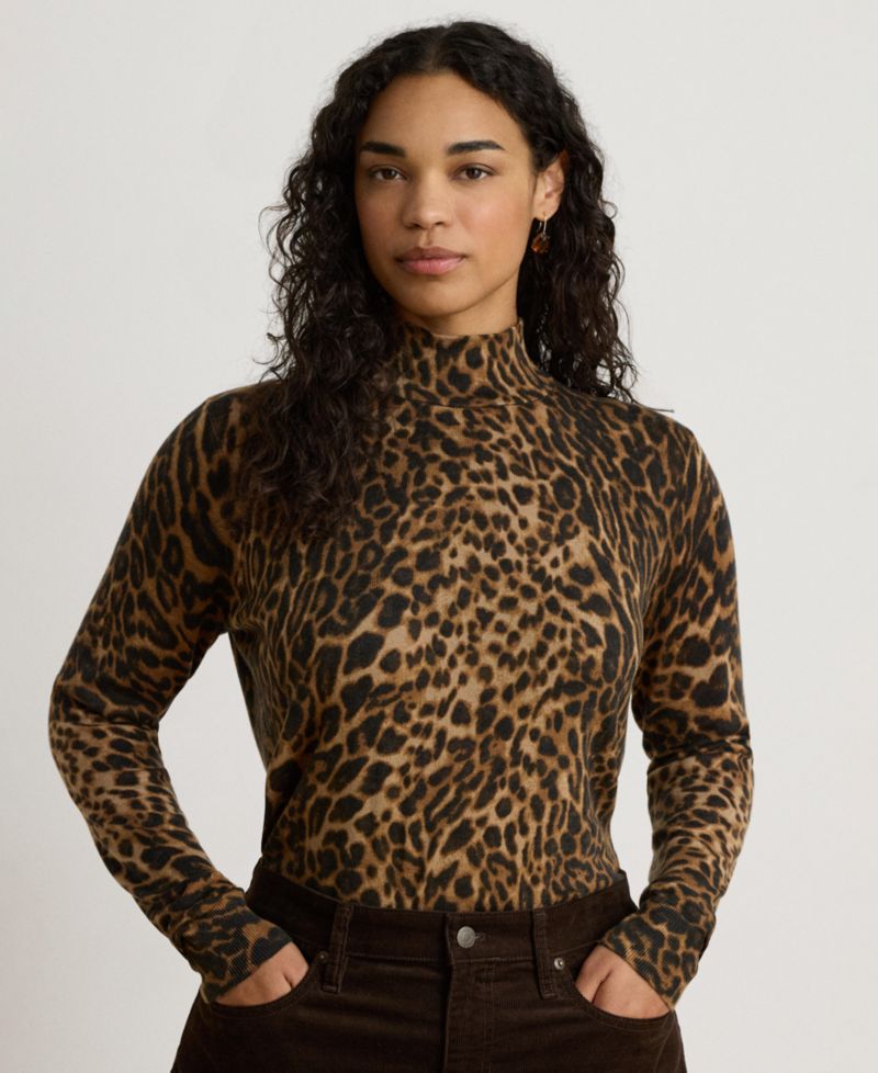Women's Ocelot-Print Mock Neck Long-Sleeve Sweater