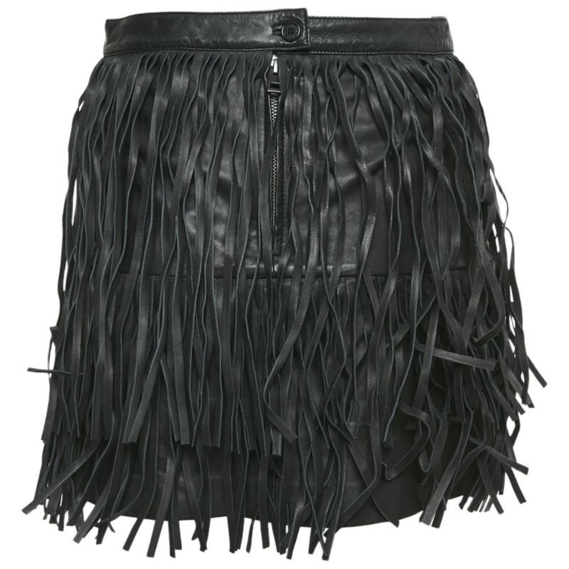 Women's Black Leather Fringed Mini Skirt