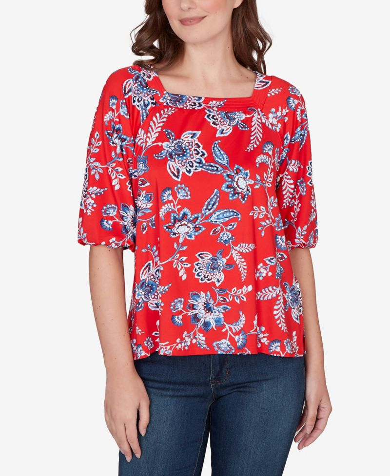 Petite Square Neck Floral Puff Print Top