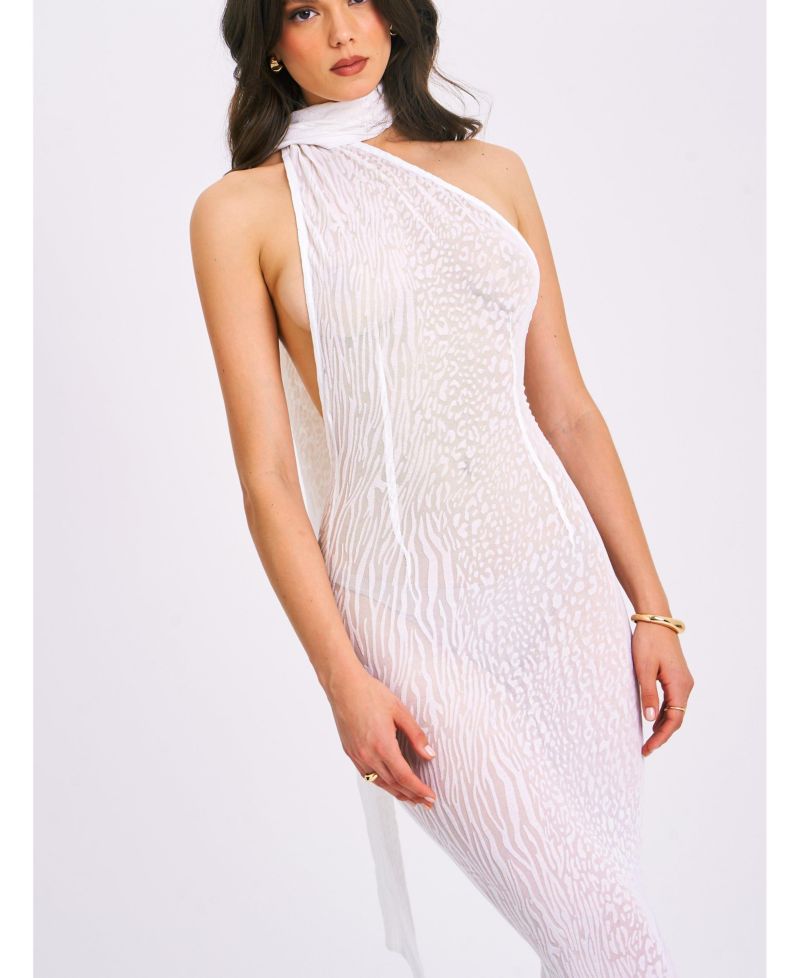 Women's Olena White Burnout Velvet Animal Print Mesh Halter Neck Maxi Dress