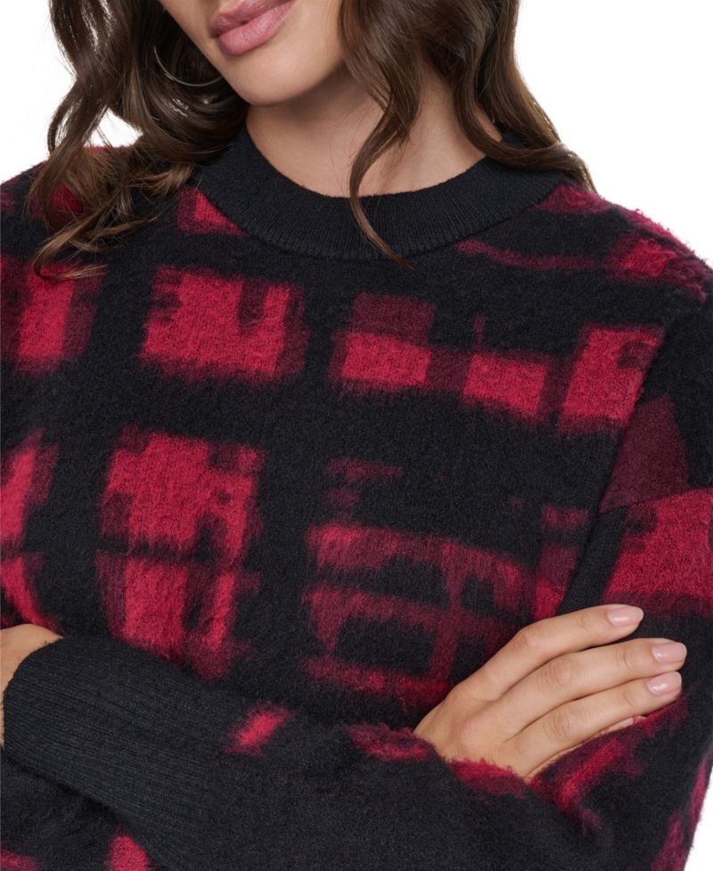 Women's Brushed-Plaid Long-Sleeve Crewneck Pullover Sweater