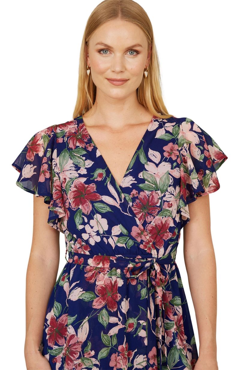Women's Floral Wrap Midi Dress With Frill Hem