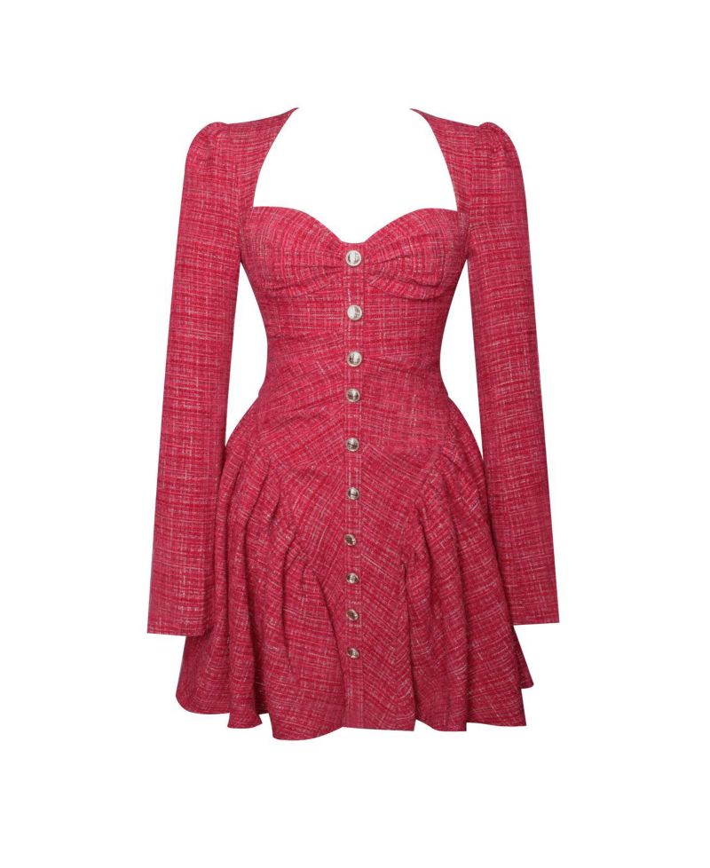 Women's Tae Red Tweed Long Sleeve Drop Waist Mini Dress