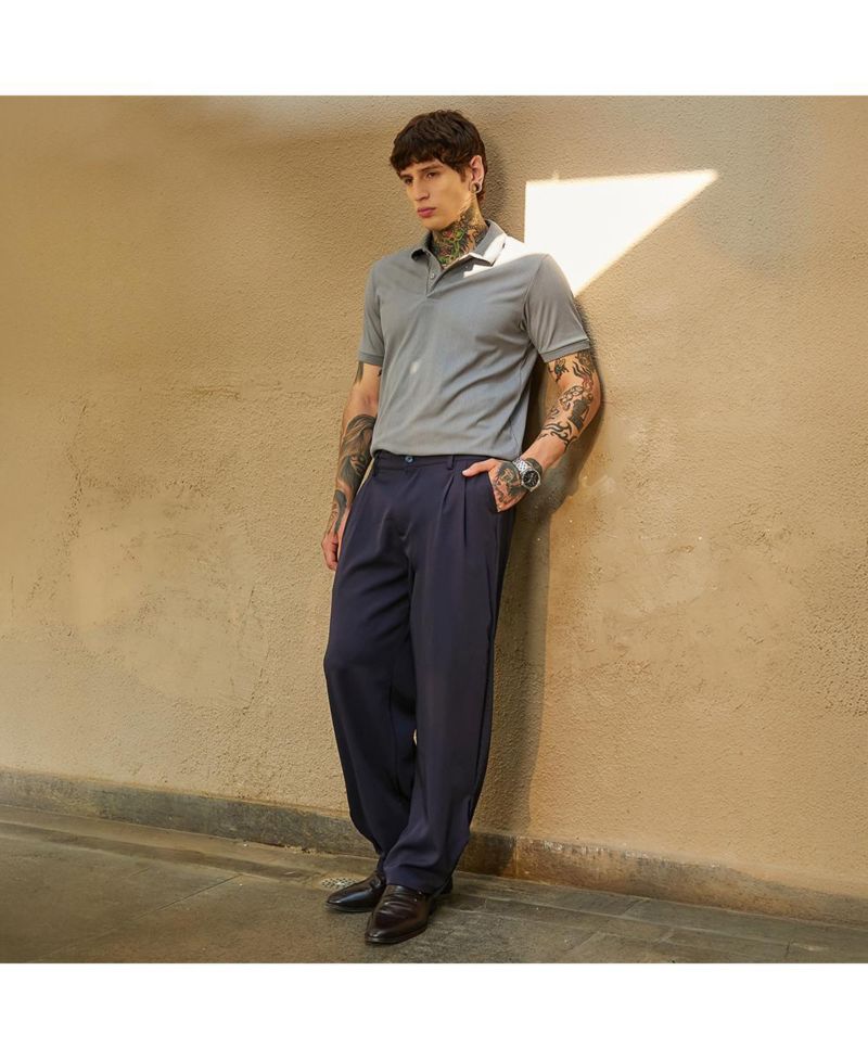 Men's Midnight Black Straight-Cuffed Pleated Trousers