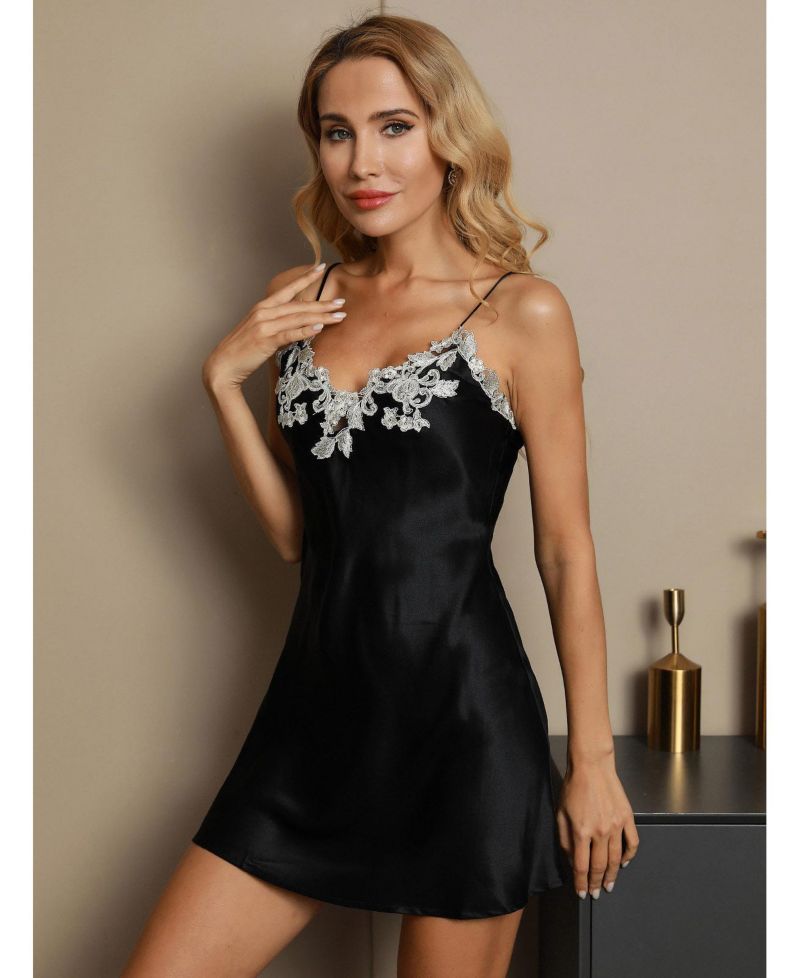 Women's Mulberry Silk V-Back Lace Nightgown Slip Dress