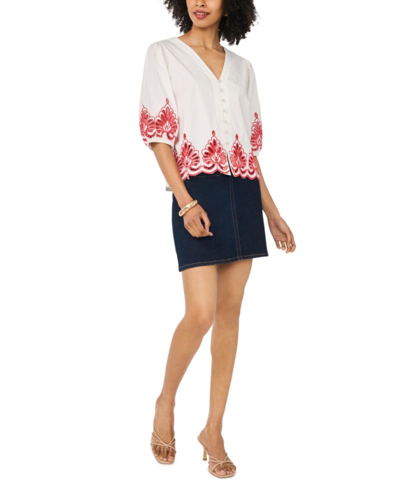 Women's Cotton Embroidery Hem V-Neck 3/4-Sleeve Button-Up Shirt