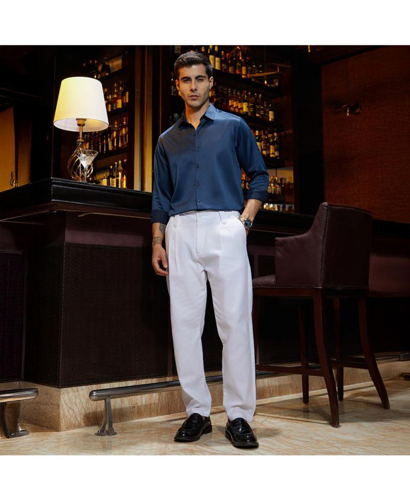 Men's Cream White Ribbed-Pleated Chino Trousers