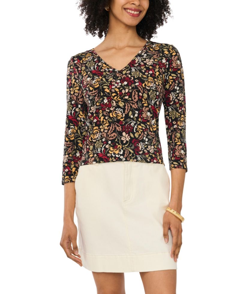 Women's Floral-Print V-Neck 3/4 Sleeve T-Shirt