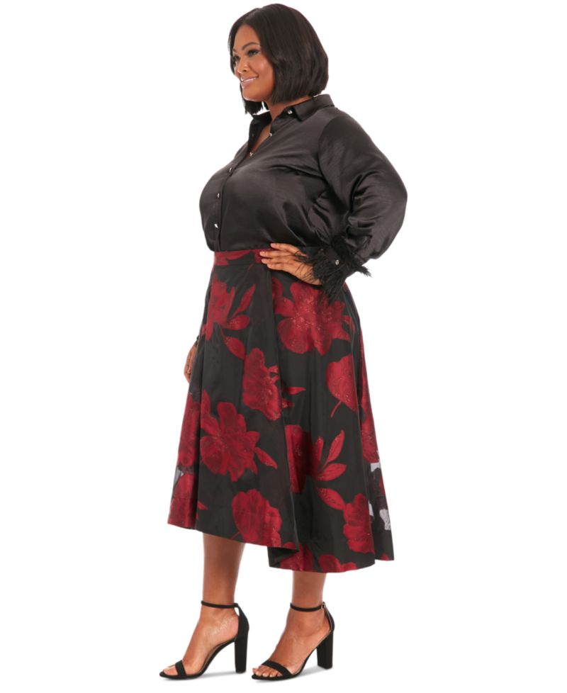 Plus Size Pleated Floral-Print Organza Skirt