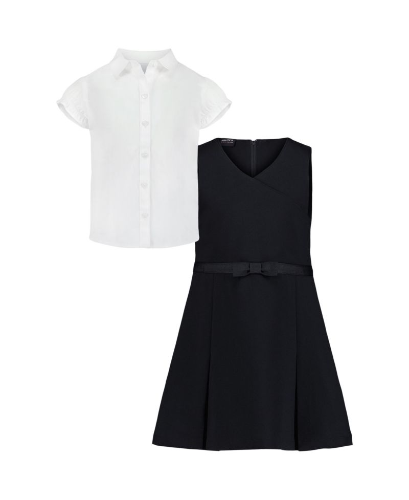 Little Girls 2-Piece Pleat Front Jumper and Stretch Poplin Shirt Set