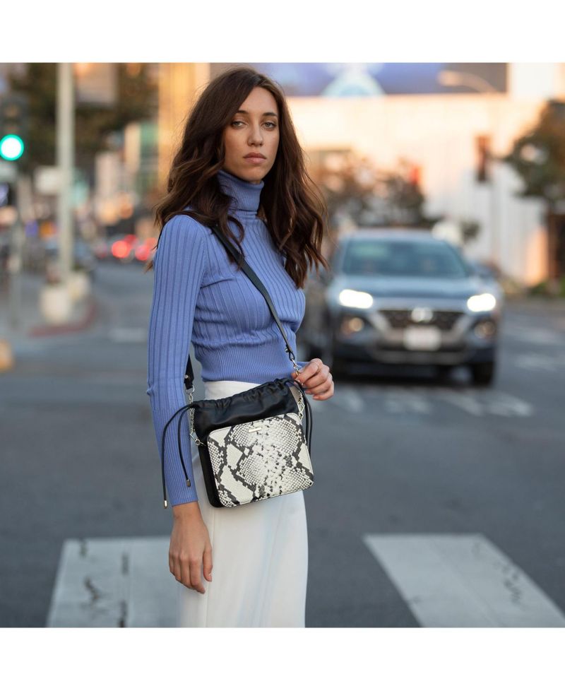 Black Leather Bucket Bag Medium Size Purse with Snakeskin Print and Drawstring Design for Women