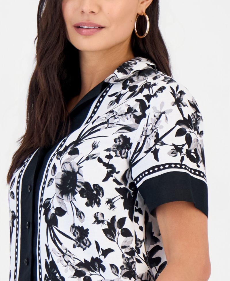 Petite Linen-Blend Printed Short-Sleeve Button-Up Shirt