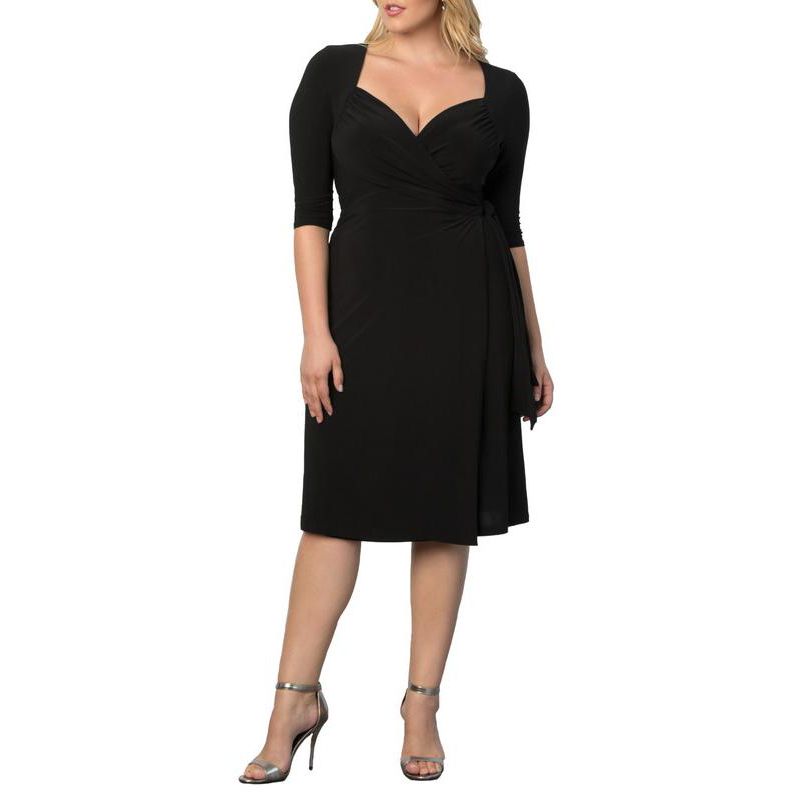 Plus Size Sweetheart Knit Wrap Dress with 3/4 Sleeves