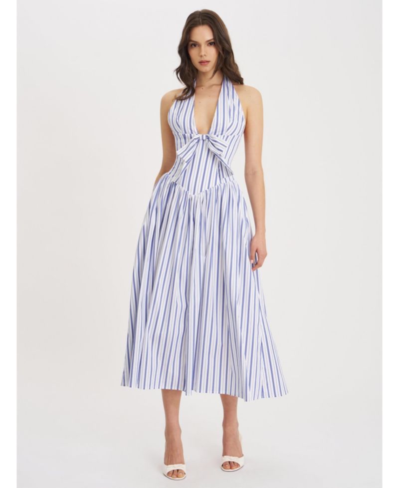 Women's Mackenna Navy Stripe Halter Smock Back Maxi Dress