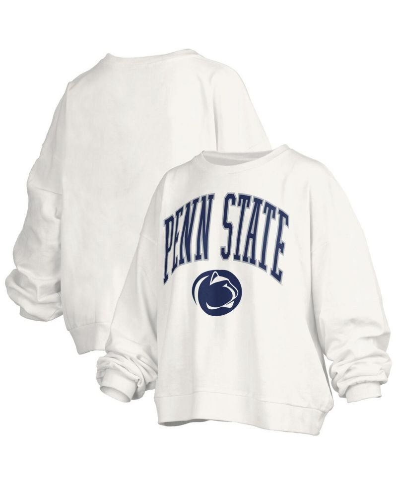 Women's White Penn State Nittany Lions Janise Arch Over Logo Waist Length Oversized Pullover Sweatshirt