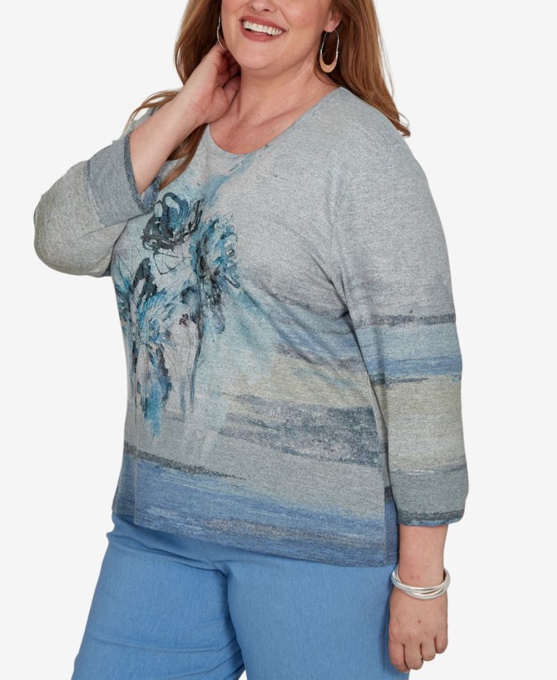 Plus Size Provence Painted-Floral 3/4-Sleeve Lace Blouse