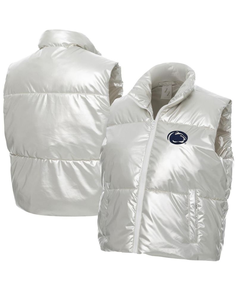 Women's Silver Penn State Nittany Lions Metallic Cropped Full-Zip Sleeveless Puffer Vest