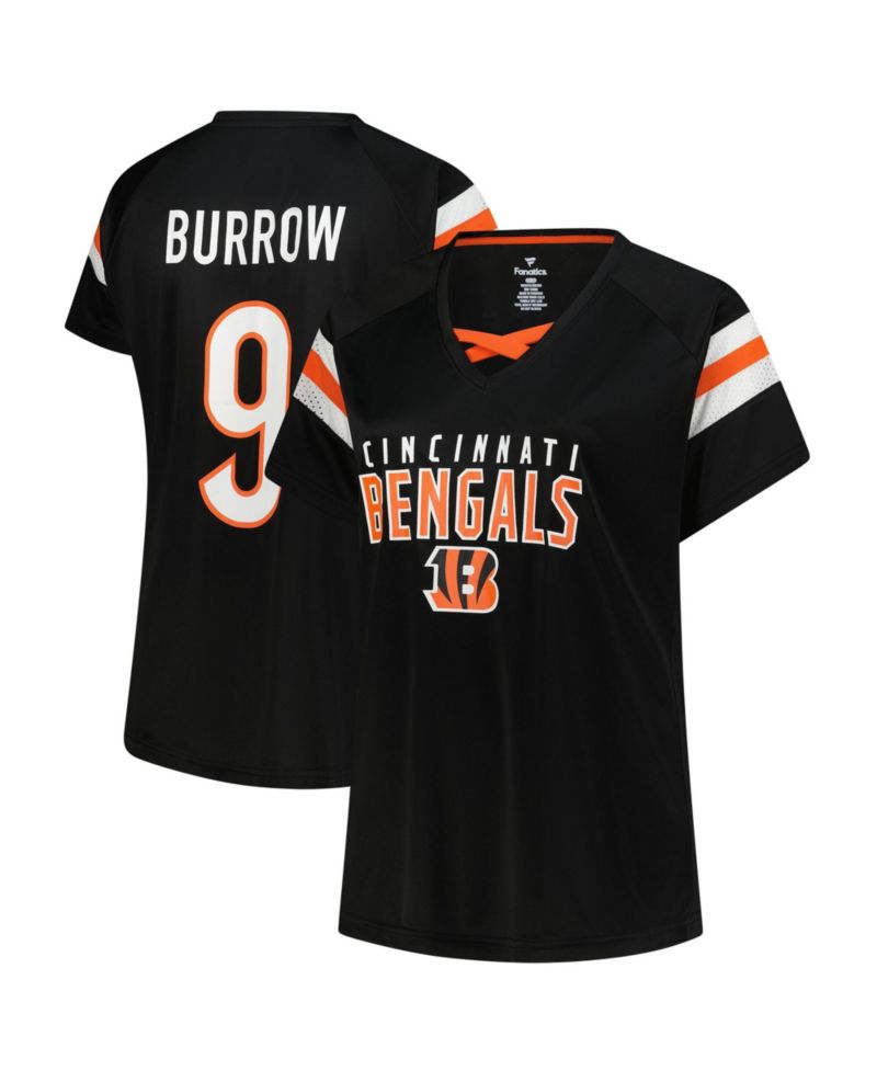 Women's Joe Burrow Black Cincinnati Bengals Plus Size Name & Number Raglan Lace V-Neck T-Shirt