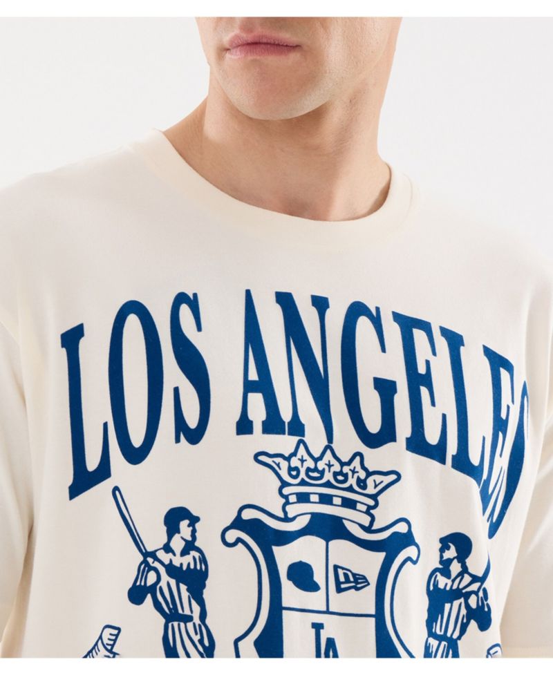 Men's Light Beige Los Angeles Dodgers Lifestyle Coat of Arms Flocking T-Shirt