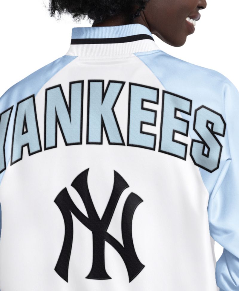 Women's Light Blue/White New York Yankees Blitz Varsity Raglan Full-Snap Satin Jacket