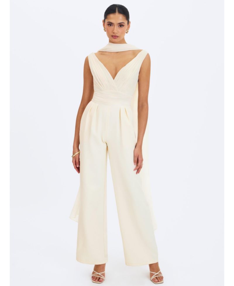 Women's Harper Ivory Ruched V-Neck Jumpsuit with Scarf