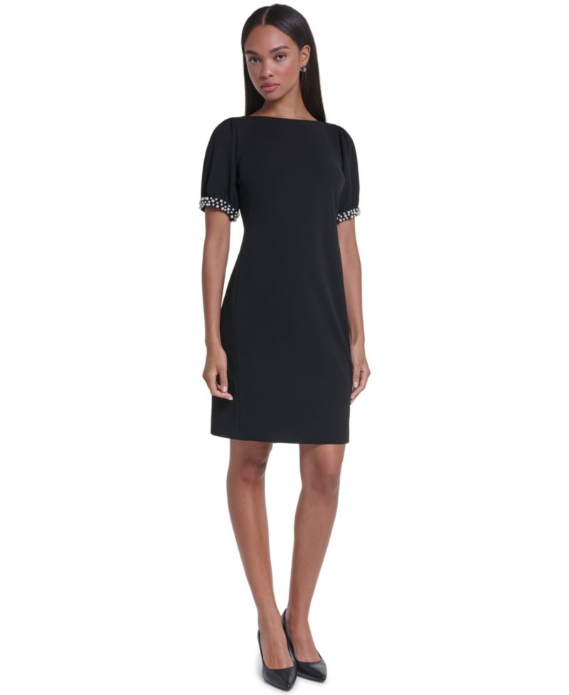Women's Boat Neck Sheath Dress With Imitation Pearl Sleeve Cuff