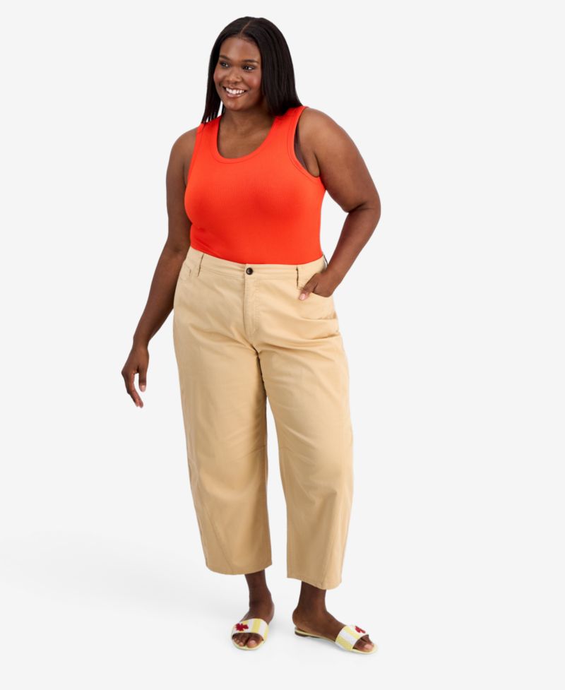 Trendy Plus Size High-Rise Twill Barrel-Leg Pants