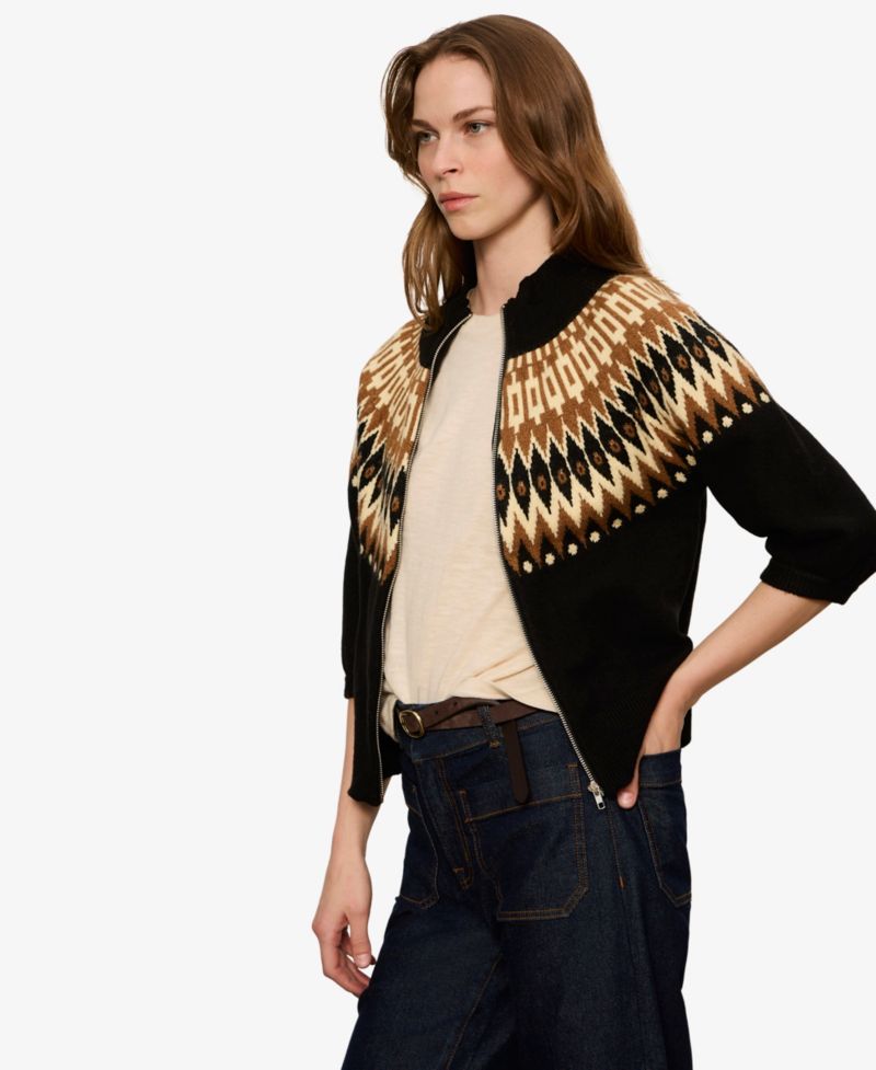 Petite Fair Isle Mock Neck Short-Sleeve Zip-Up Cardigan