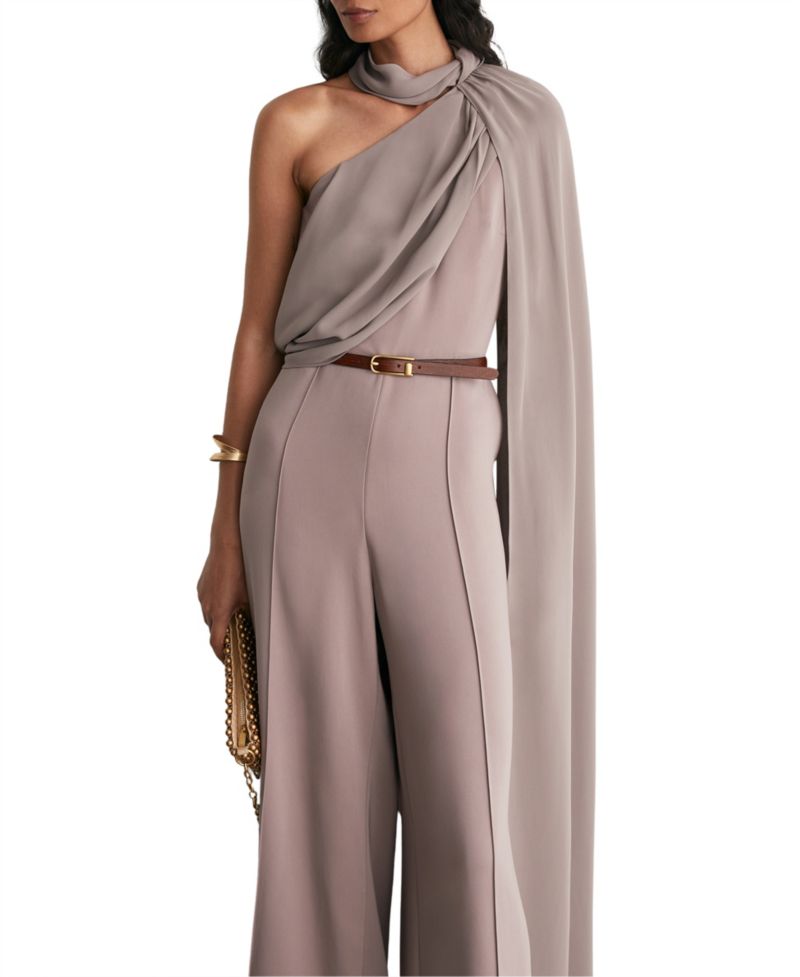 Petite Carrie One-Shoulder Draped Wide-Leg Jumpsuit