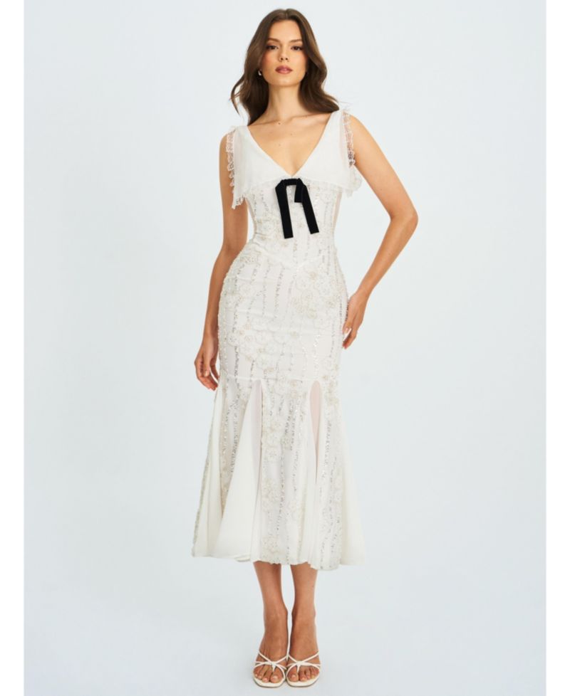 Women Paola White Peter Pan Collar Beaded Sequin Mermaid Midi Dress