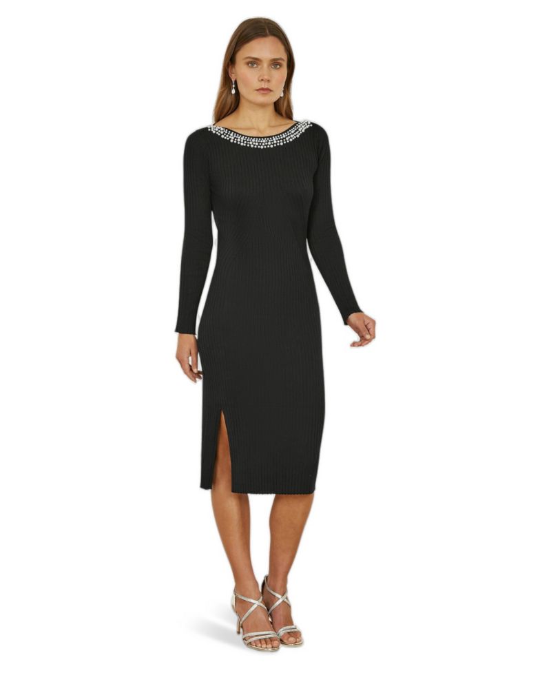 Women's Bedazzled Neck Fitted Midi Knitted Dress