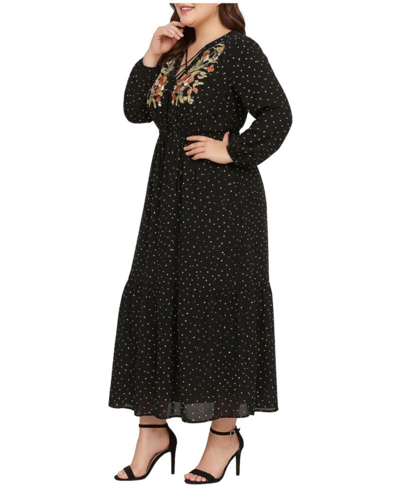 Plus Size Polka-Dot Long-Sleeve Embroidered Detail Maxi Dress
