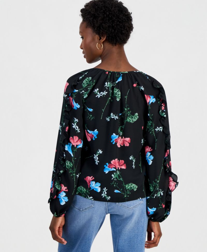 Women's Petite Ruffle Floral-Print Long-Sleeve Blouse