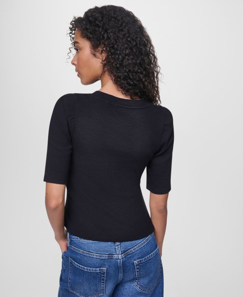 Women's Asymmetric Hemline Puff Elbow-Sleeve Top