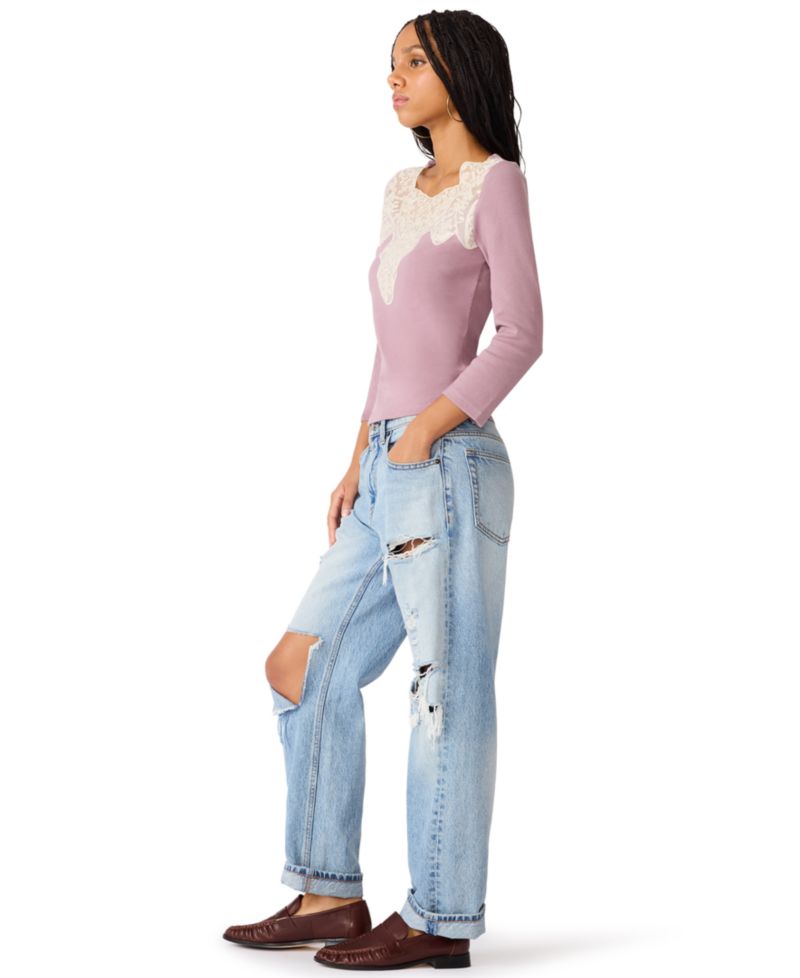 Women's Rib Knit Lace Trim 3/4 Sleeve Square Neck Top