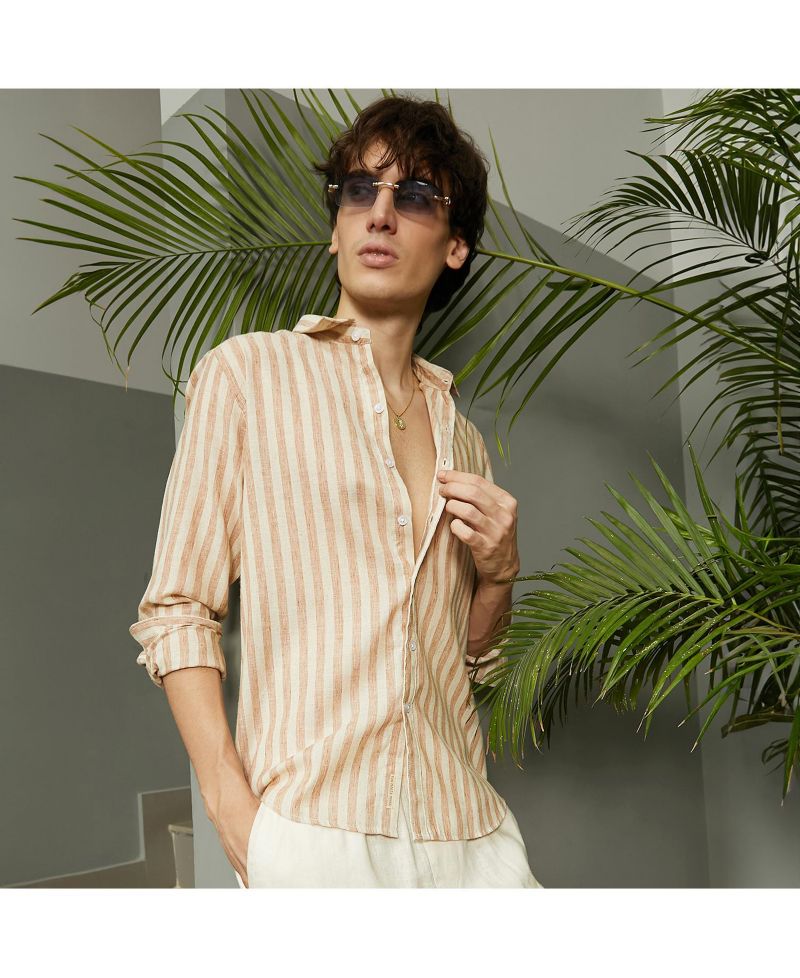 Men's Tan Brown Heathered-Stripe Shirt