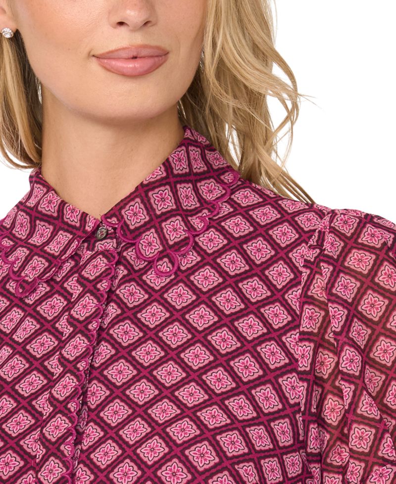 Women's Short-Sleeve Scallop Trim Button-Up Blouse