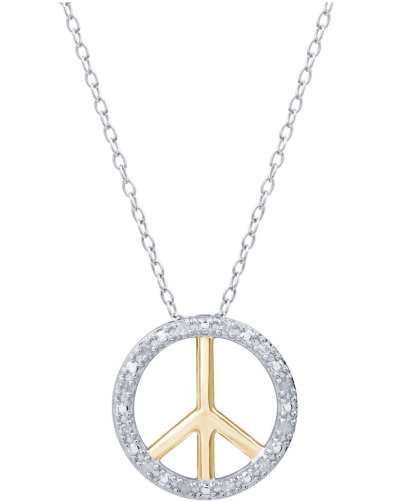 Diamond Peace Sign 18" Pendant Necklace (1/10 ct. t.w.) in Sterling Silver or Sterling Silver & 14k Gold-Plate