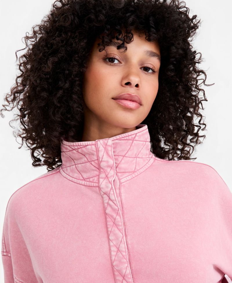 Petite Snap Henley Fleece French Terry Mock Neck Sweatshirt
