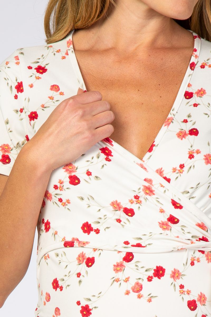 Women's Ivory Floral Wrap Fitted Maternity/Nursing Top