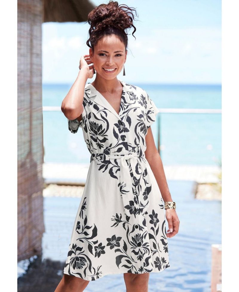Women's Viscose Belted Button-Front Lightweight Dress