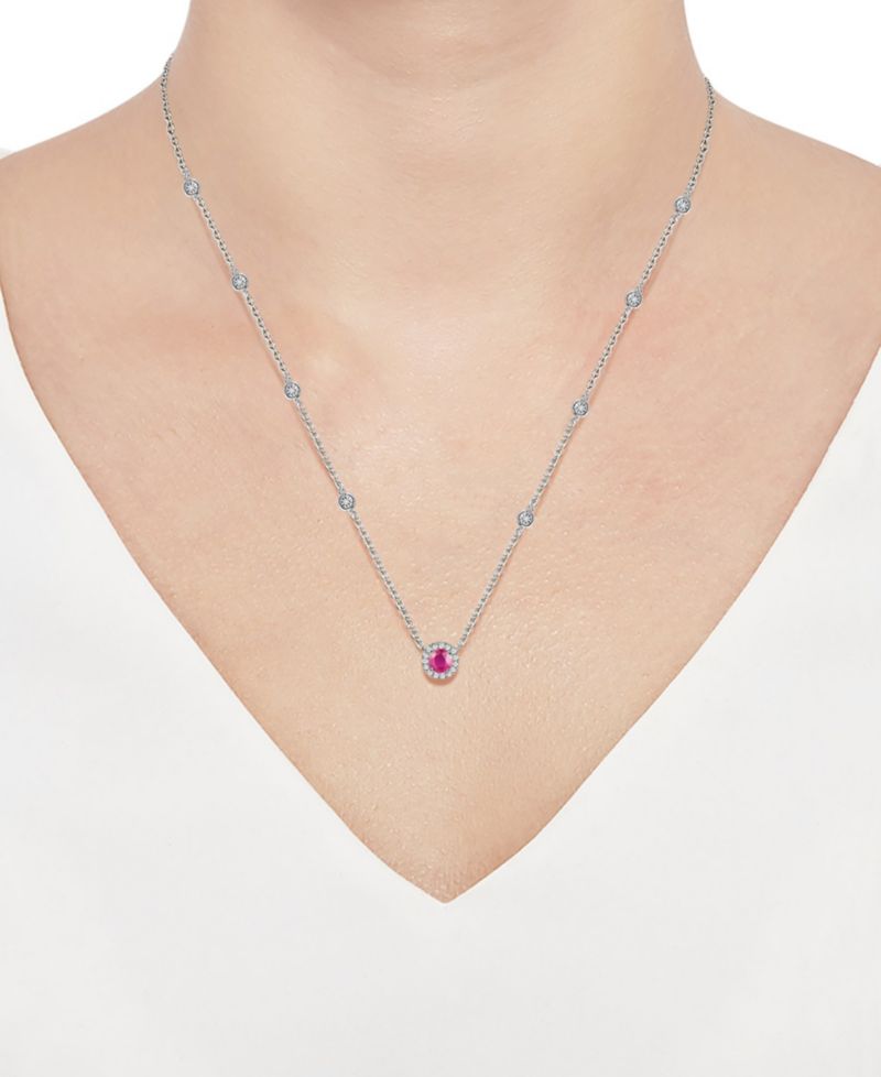 Amethyst (1/5 ct. t.w.) & Diamond (1/10 ct. t.w.) Halo Collar Necklace in Sterling Silver, 17" + 1" extender, (Also in Garnet, Citrine, Peridot, Blue Topaz, Emerald, Sapphire & Ruby)