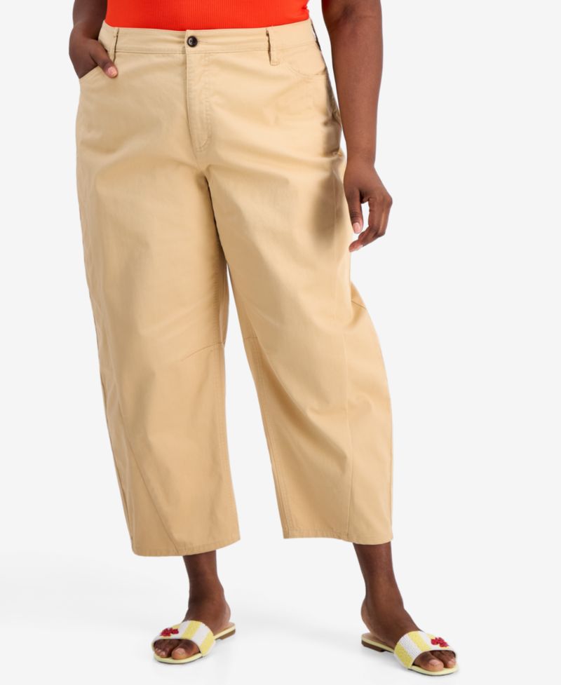 Trendy Plus Size High-Rise Twill Barrel-Leg Pants