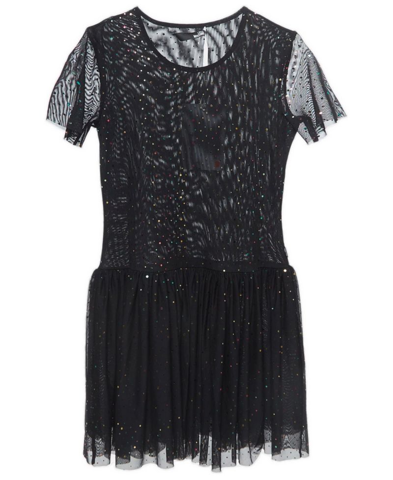 Women's Black Dotted Tulle Gathered Mini Dress