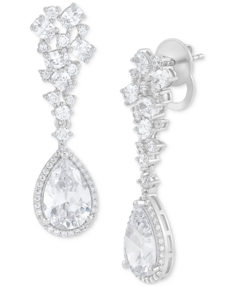 Cubic Zirconia Pear Halo Cluster Drop Earrings in Sterling Silver