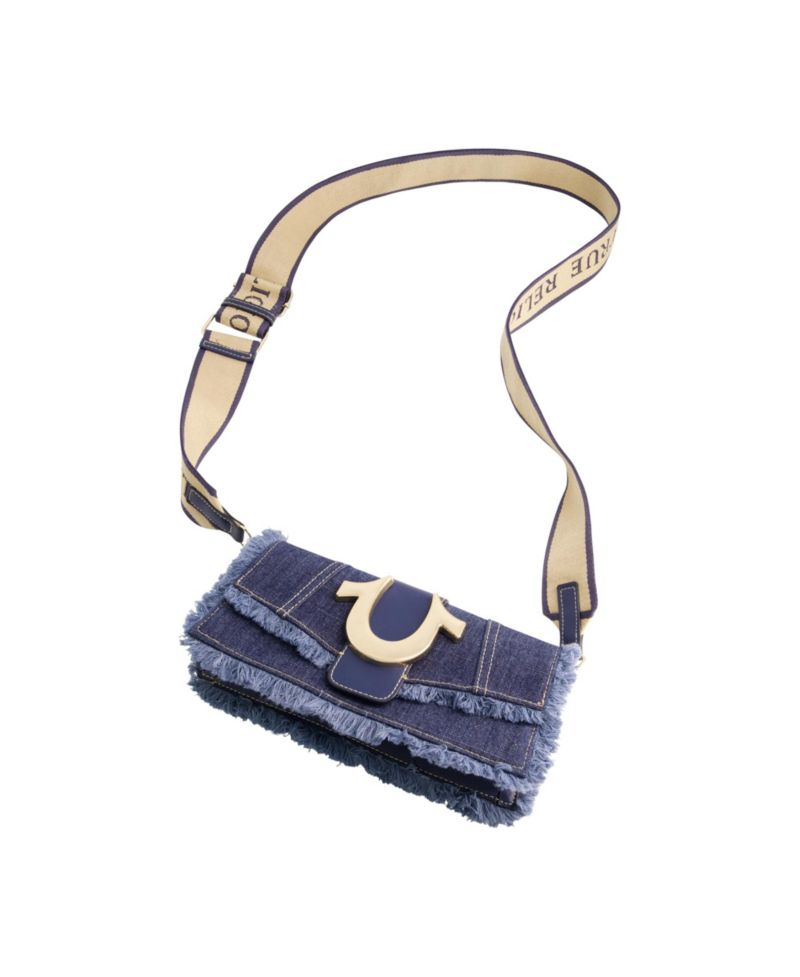 Frayed Denim Flap Bag with Logo Strap